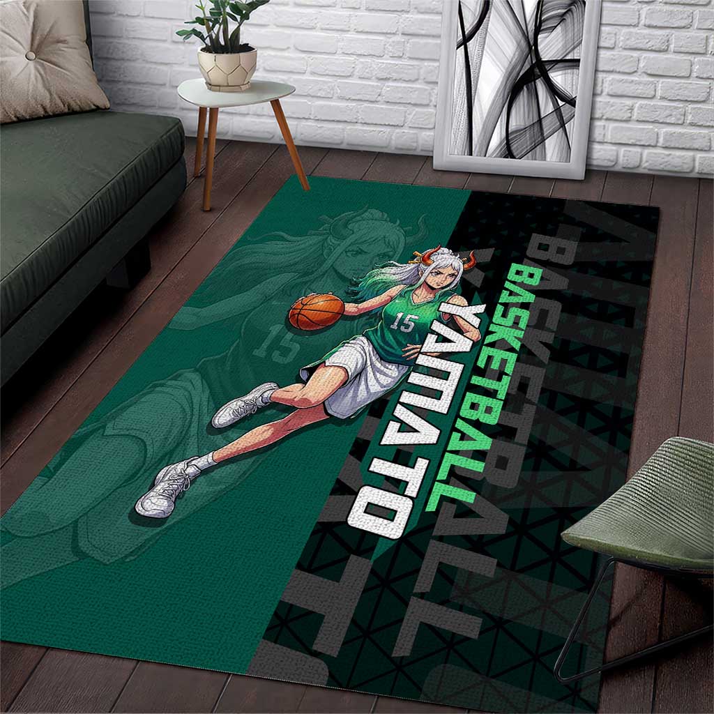 Yamato One Piece Basketball Theme Green and Black Design Area Rug with Oni Mask Emblem and Dynamic Pose - The Mazicc