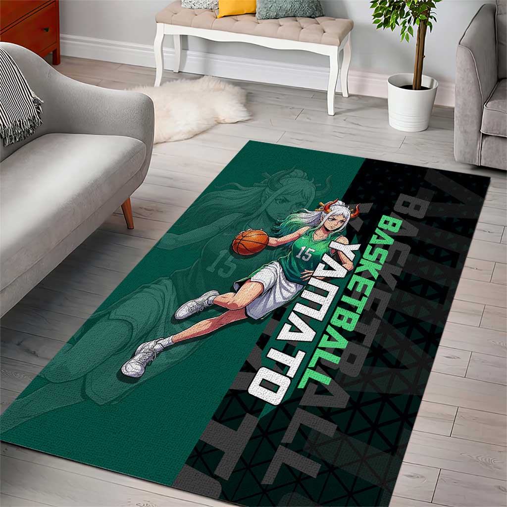 Yamato One Piece Basketball Theme Green and Black Design Area Rug with Oni Mask Emblem and Dynamic Pose - The Mazicc