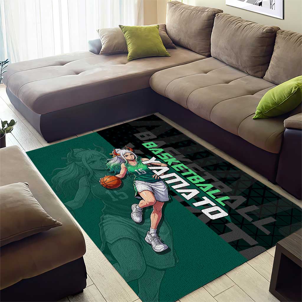 Yamato One Piece Basketball Theme Green and Black Design Area Rug with Oni Mask Emblem and Dynamic Pose - The Mazicc