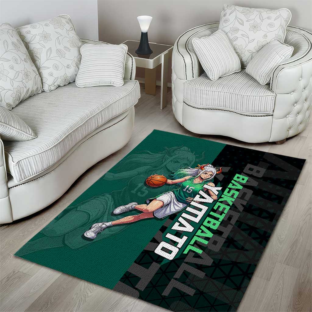 Yamato One Piece Basketball Theme Green and Black Design Area Rug with Oni Mask Emblem and Dynamic Pose - The Mazicc