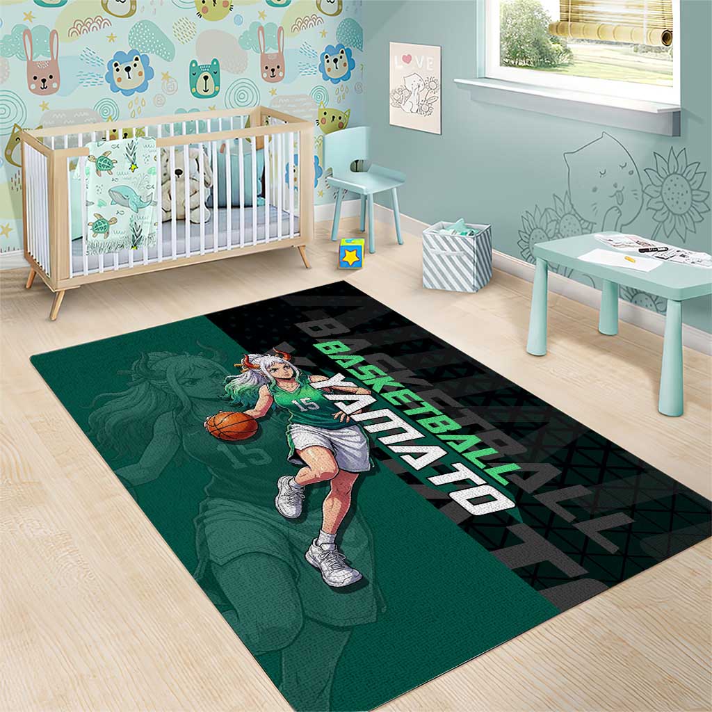 Yamato One Piece Basketball Theme Green and Black Design Area Rug with Oni Mask Emblem and Dynamic Pose - The Mazicc