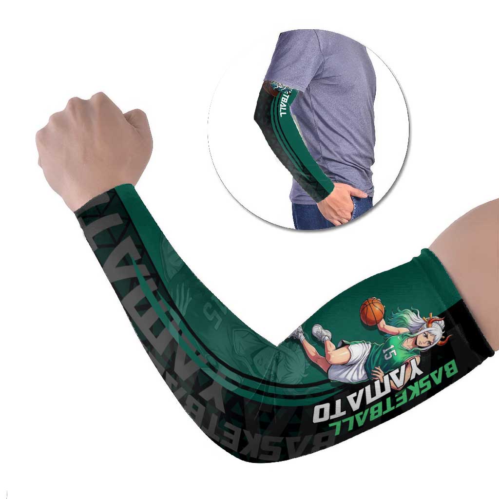 Yamato One Piece Basketball Theme Green and Black Design Arm Sleeves with Oni Mask Emblem and Dynamic Pose - The Mazicc