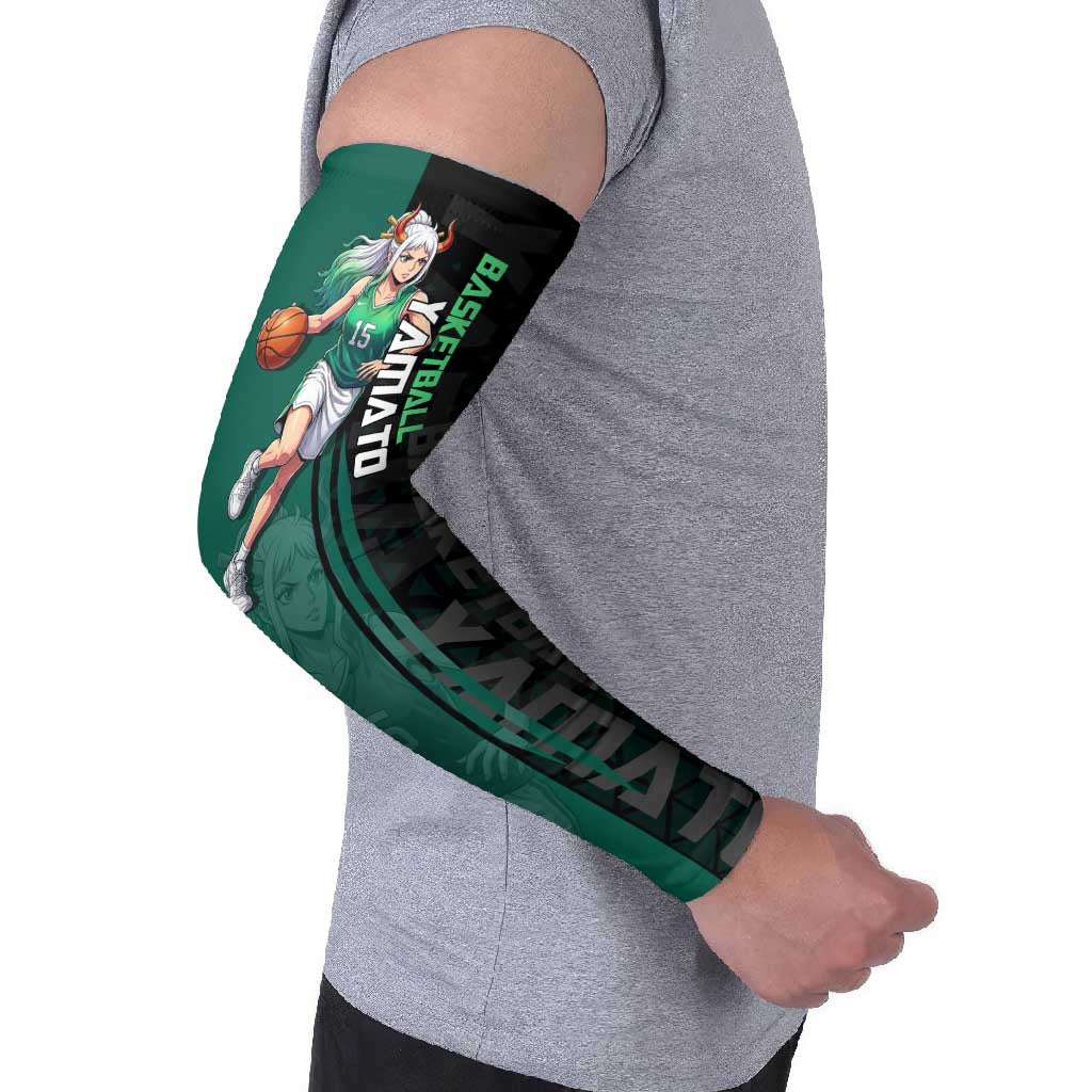 Yamato One Piece Basketball Theme Green and Black Design Arm Sleeves with Oni Mask Emblem and Dynamic Pose - The Mazicc