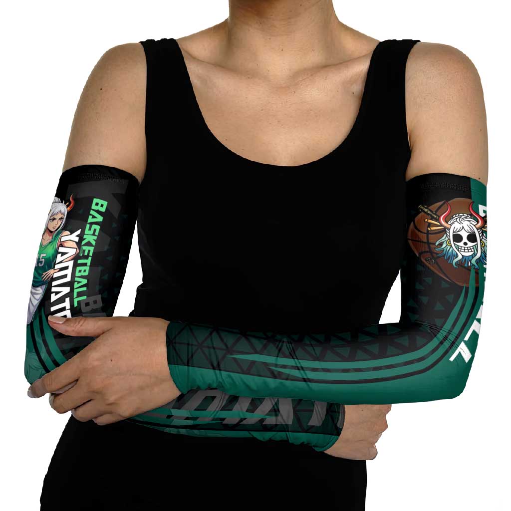 Yamato One Piece Basketball Theme Green and Black Design Arm Sleeves with Oni Mask Emblem and Dynamic Pose - The Mazicc