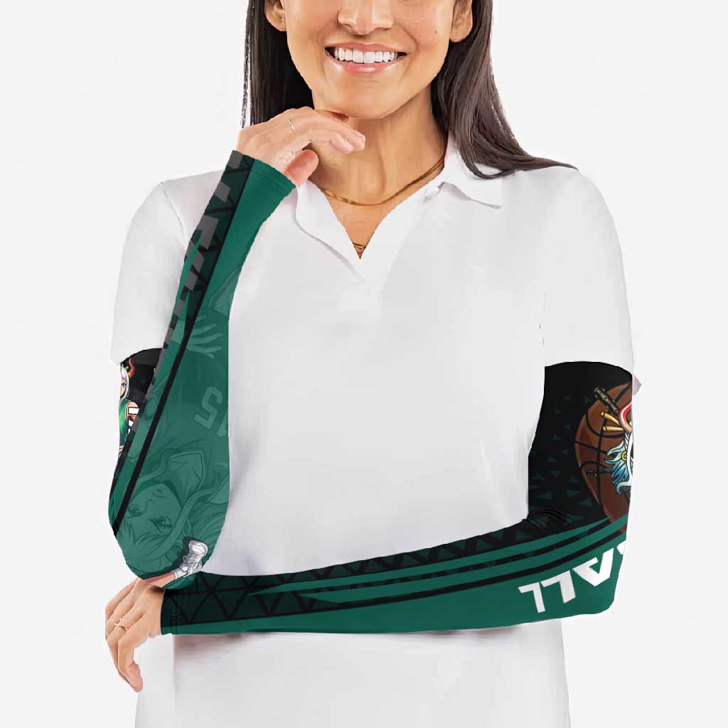 Yamato One Piece Basketball Theme Green and Black Design Arm Sleeves with Oni Mask Emblem and Dynamic Pose - The Mazicc