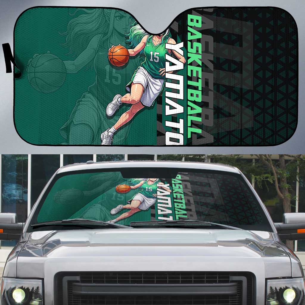 Yamato One Piece Basketball Theme Green and Black Design Auto Sun Shade with Oni Mask Emblem and Dynamic Pose - The Mazicc