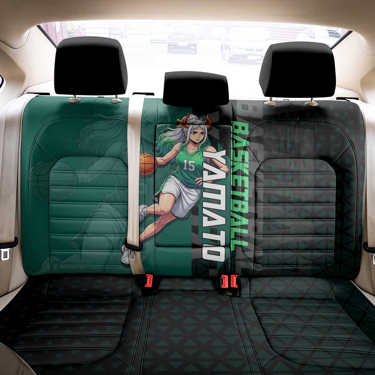 Yamato One Piece Basketball Theme Green and Black Design Back Car Seat Cover with Oni Mask Emblem and Dynamic Pose - The Mazicc