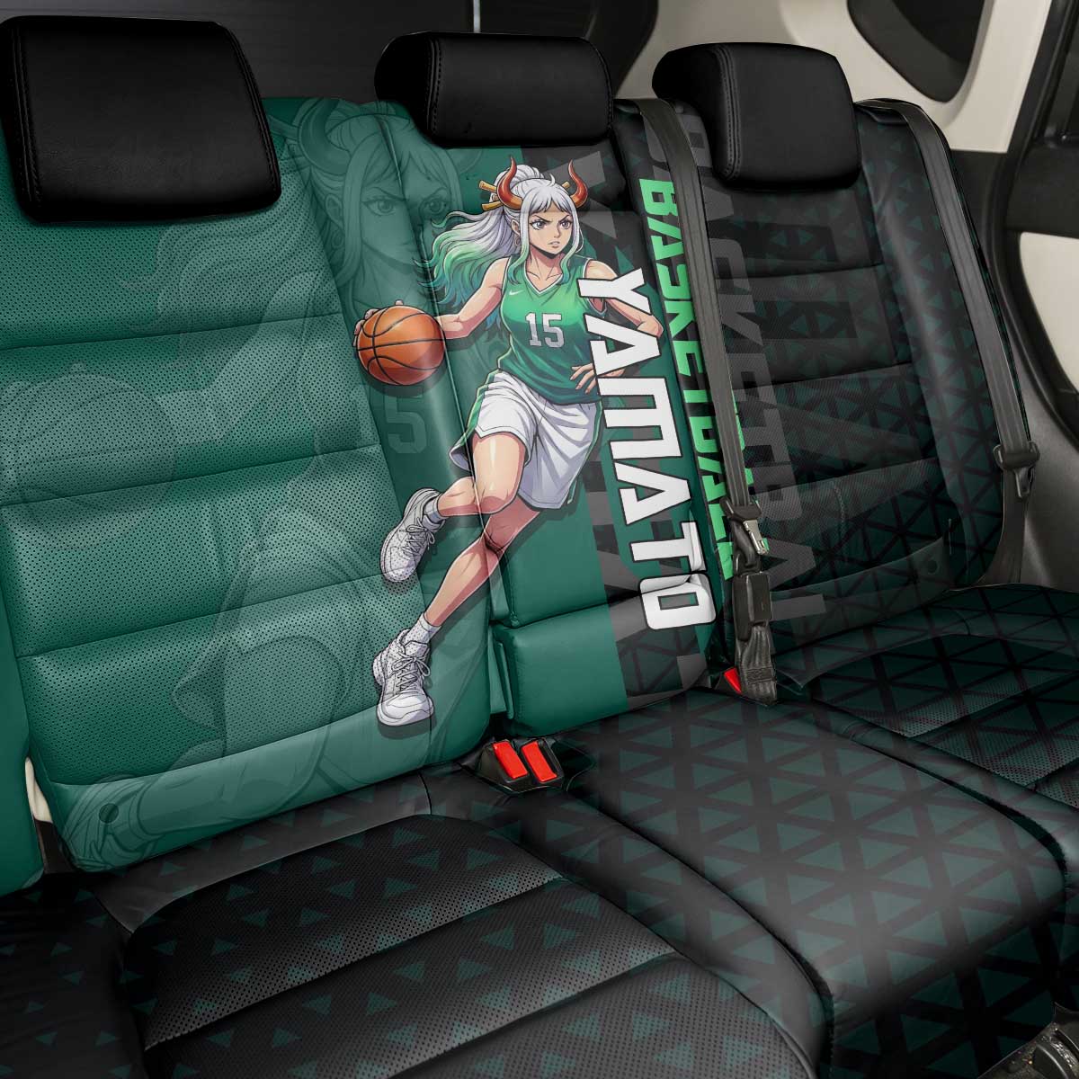 Yamato One Piece Basketball Theme Green and Black Design Back Car Seat Cover with Oni Mask Emblem and Dynamic Pose - The Mazicc