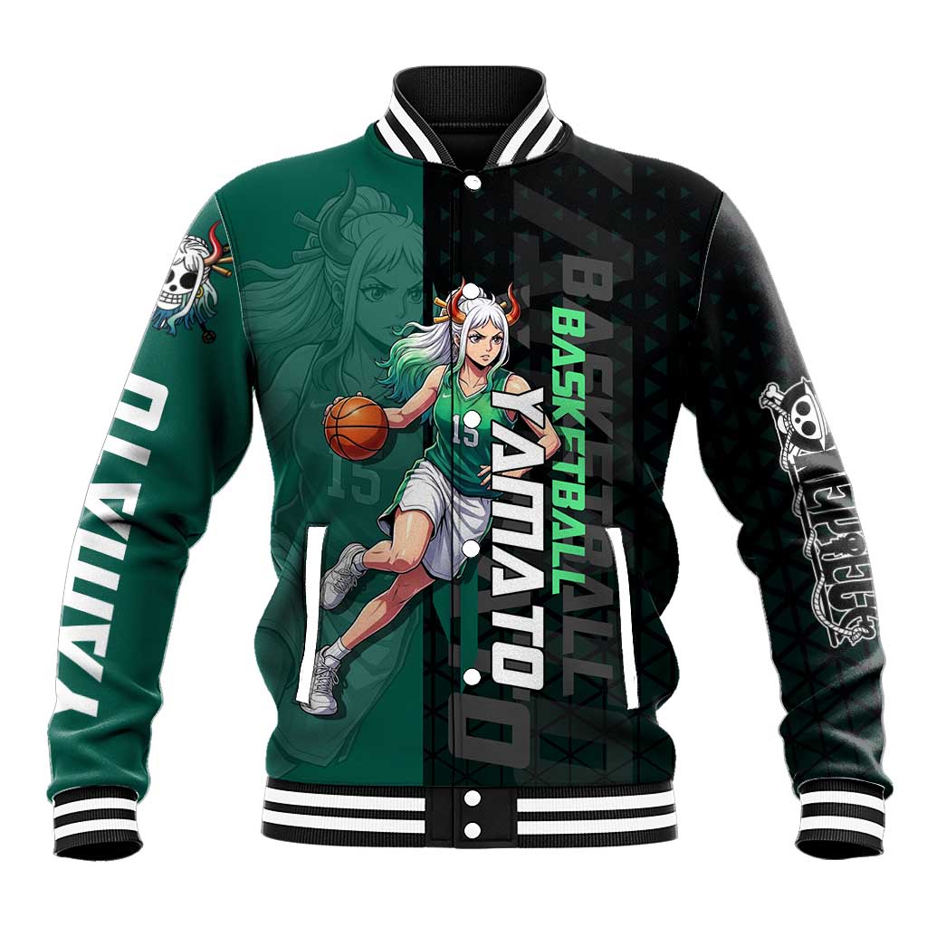 Yamato One Piece Basketball Theme Green and Black Design Baseball Jacket with Oni Mask Emblem and Dynamic Pose - The Mazicc