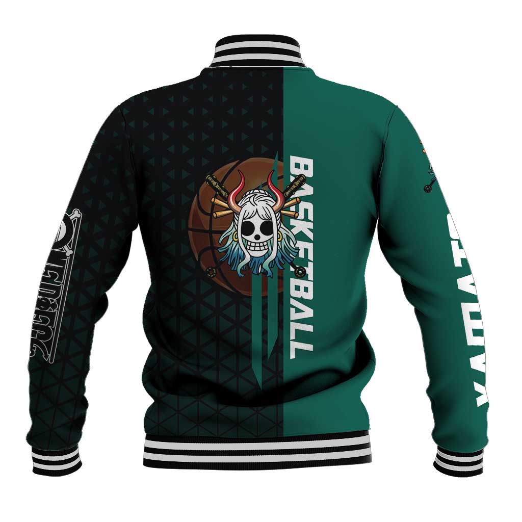 Yamato One Piece Basketball Theme Green and Black Design Baseball Jacket with Oni Mask Emblem and Dynamic Pose - The Mazicc
