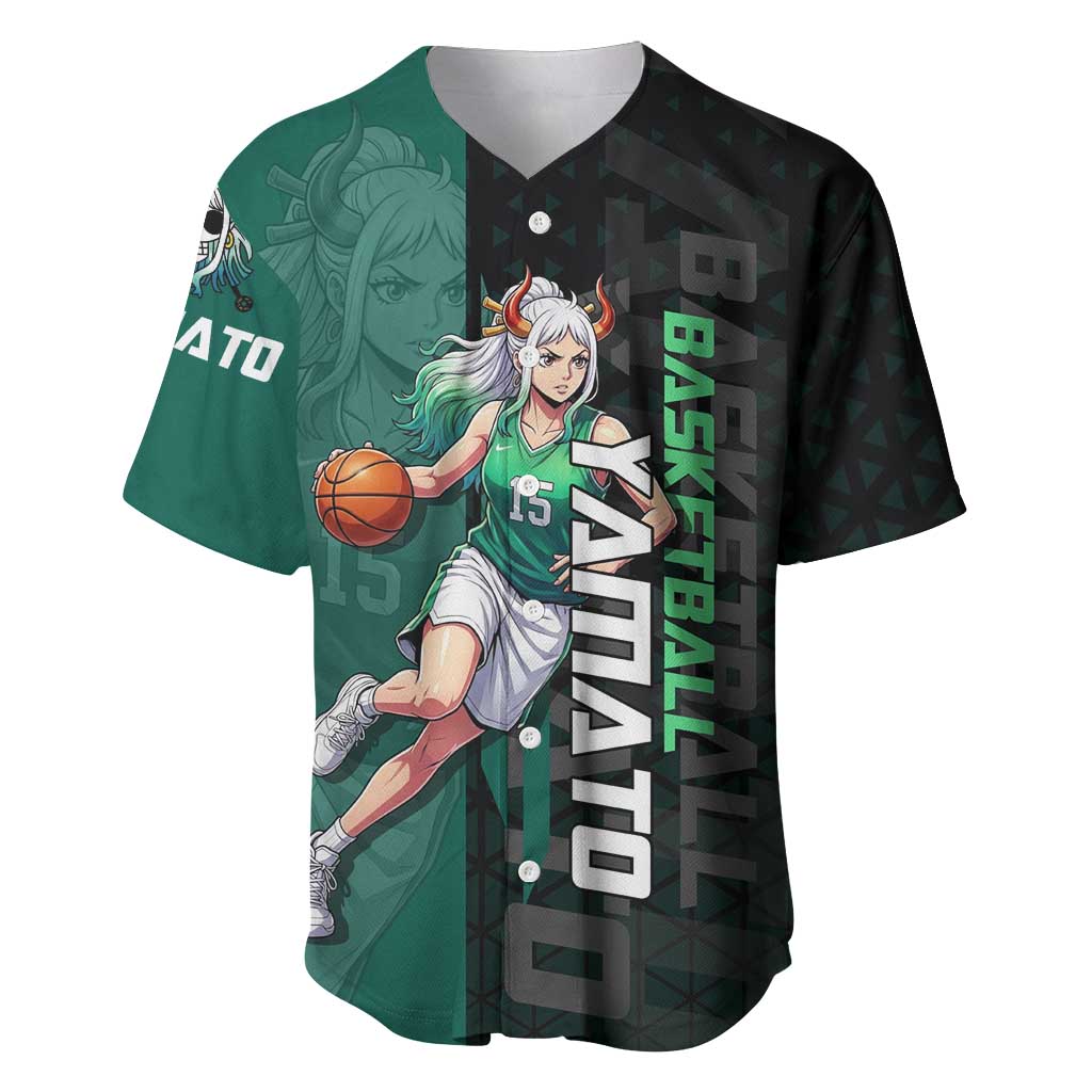 Yamato One Piece Basketball Theme Green and Black Design Baseball Jersey with Oni Mask Emblem and Dynamic Pose - The Mazicc