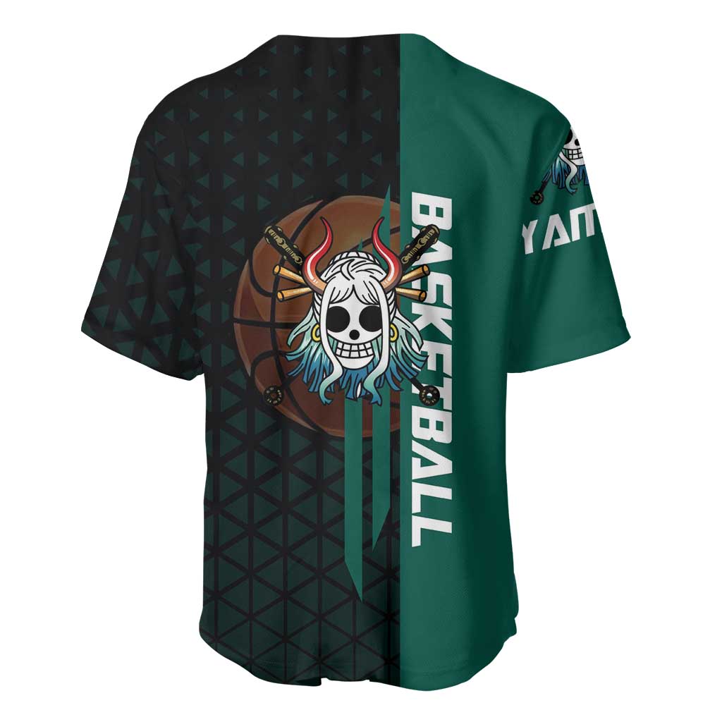 Yamato One Piece Basketball Theme Green and Black Design Baseball Jersey with Oni Mask Emblem and Dynamic Pose - The Mazicc