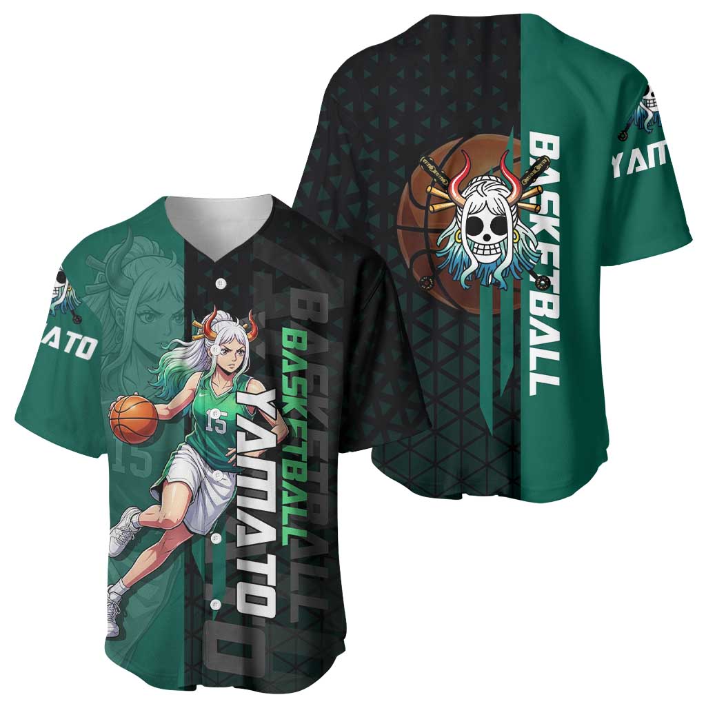 Yamato One Piece Basketball Theme Green and Black Design Baseball Jersey with Oni Mask Emblem and Dynamic Pose - The Mazicc
