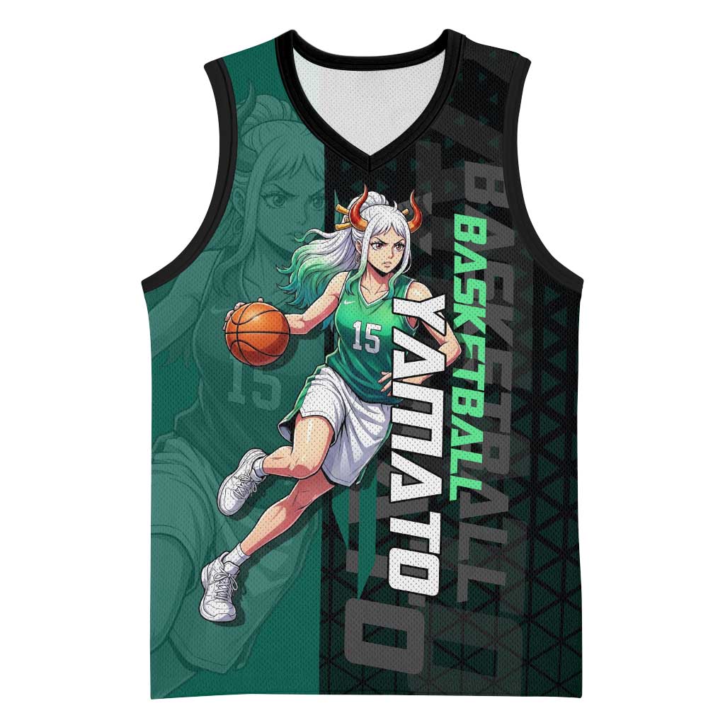 Yamato One Piece Basketball Theme Green and Black Design Basketball Jersey with Oni Mask Emblem and Dynamic Pose - The Mazicc