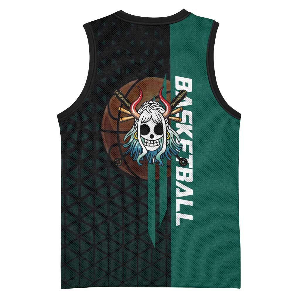 Yamato One Piece Basketball Theme Green and Black Design Basketball Jersey with Oni Mask Emblem and Dynamic Pose - The Mazicc