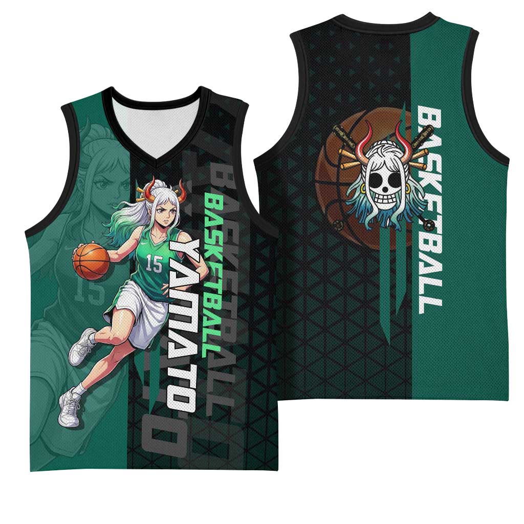 Yamato One Piece Basketball Theme Green and Black Design Basketball Jersey with Oni Mask Emblem and Dynamic Pose - The Mazicc