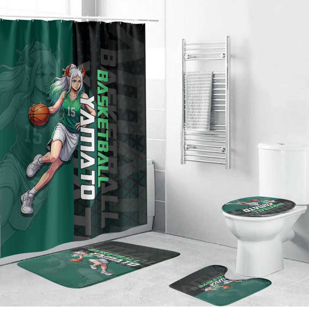 Yamato One Piece Basketball Theme Green and Black Design Bathroom Set with Oni Mask Emblem and Dynamic Pose - The Mazicc