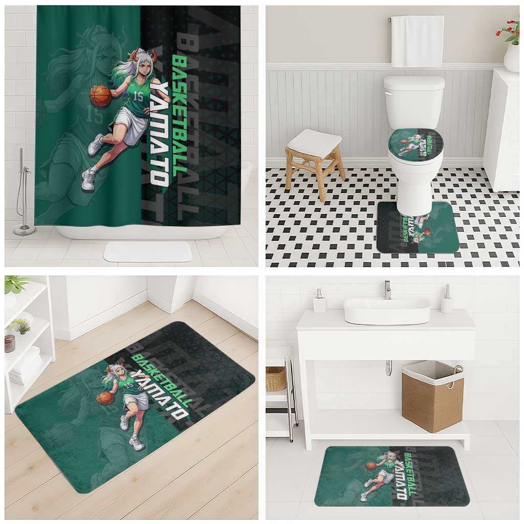 Yamato One Piece Basketball Theme Green and Black Design Bathroom Set with Oni Mask Emblem and Dynamic Pose - The Mazicc
