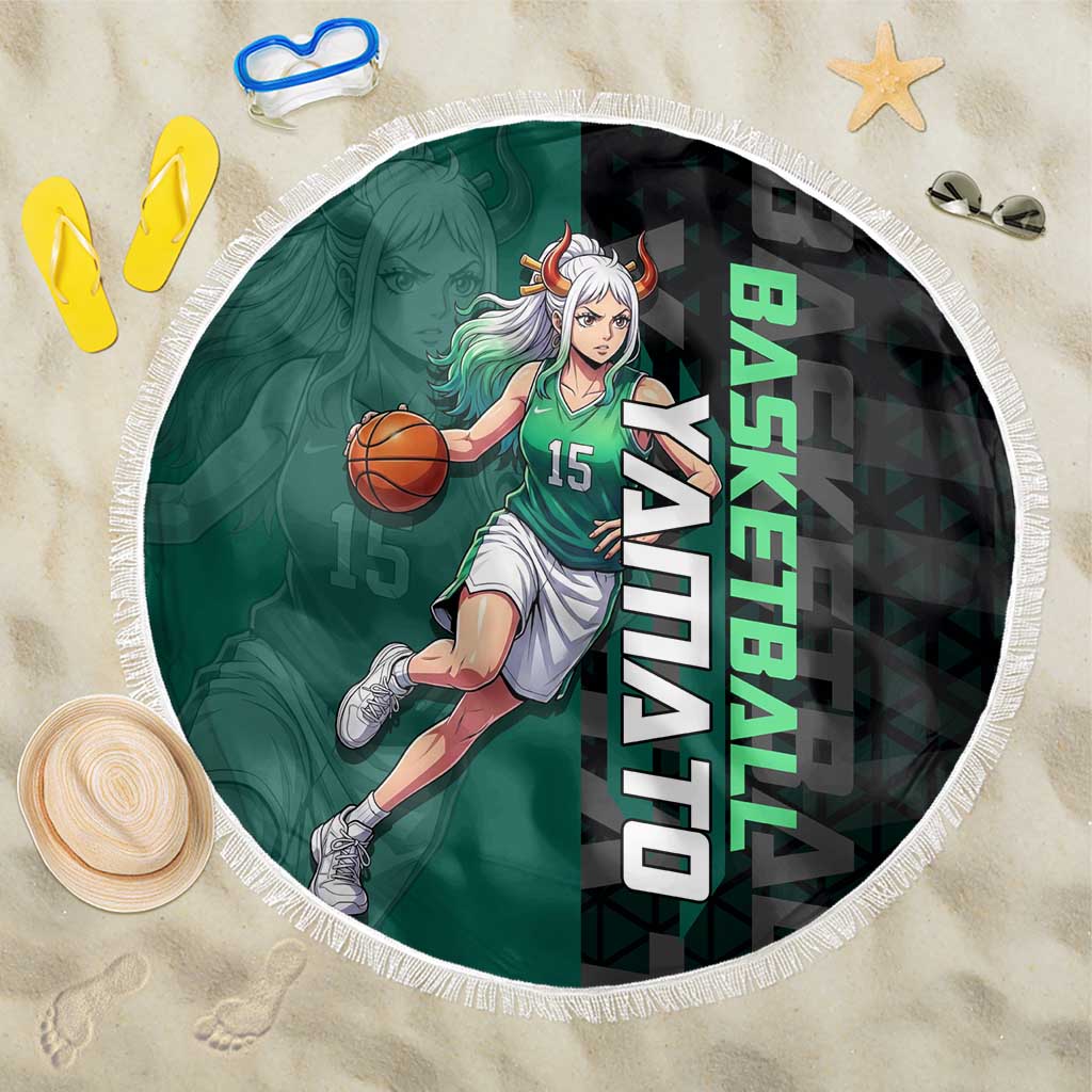 Yamato One Piece Basketball Theme Green and Black Design Beach Blanket with Oni Mask Emblem and Dynamic Pose - The Mazicc