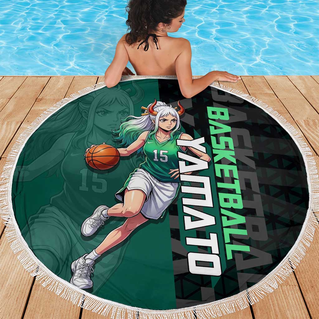 Yamato One Piece Basketball Theme Green and Black Design Beach Blanket with Oni Mask Emblem and Dynamic Pose - The Mazicc