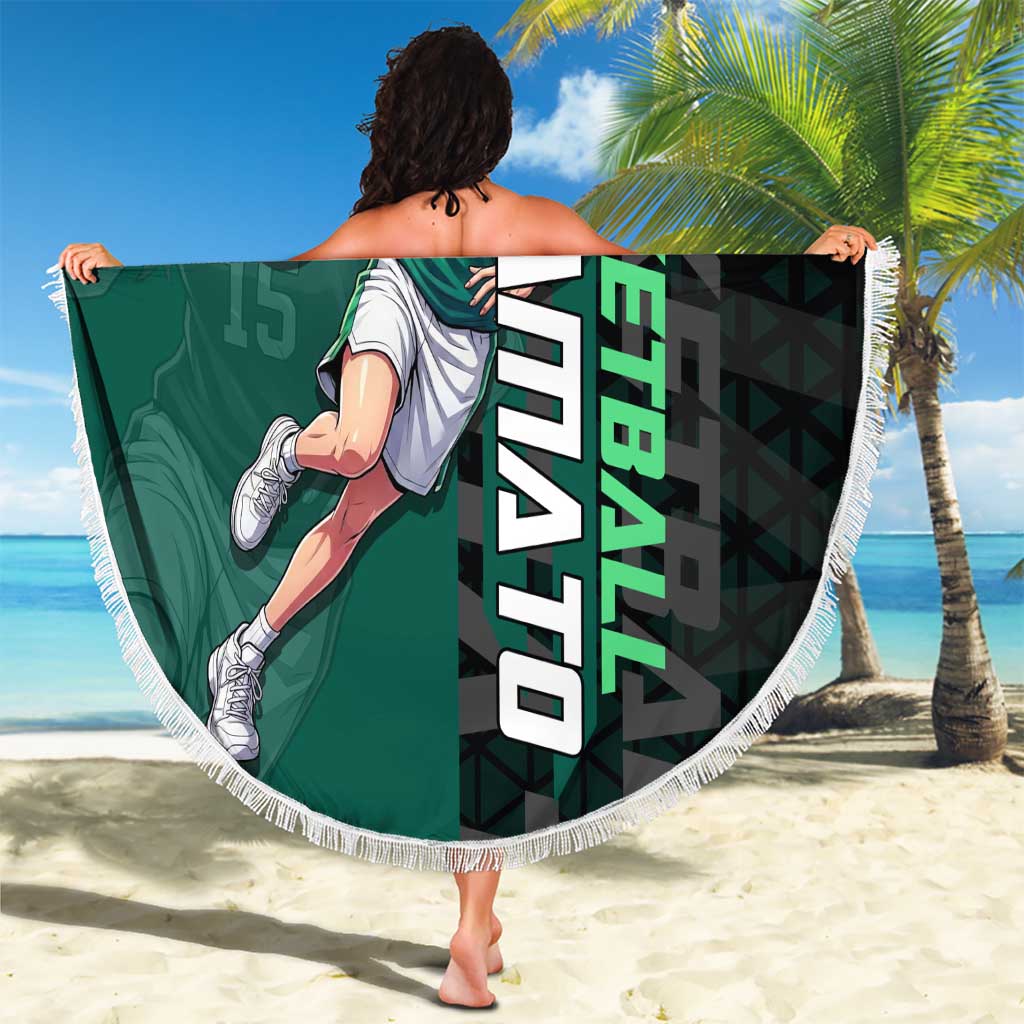 Yamato One Piece Basketball Theme Green and Black Design Beach Blanket with Oni Mask Emblem and Dynamic Pose - The Mazicc