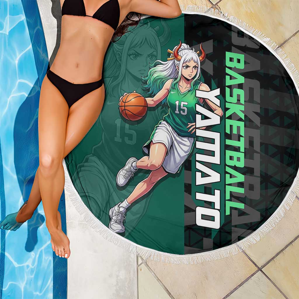 Yamato One Piece Basketball Theme Green and Black Design Beach Blanket with Oni Mask Emblem and Dynamic Pose - The Mazicc