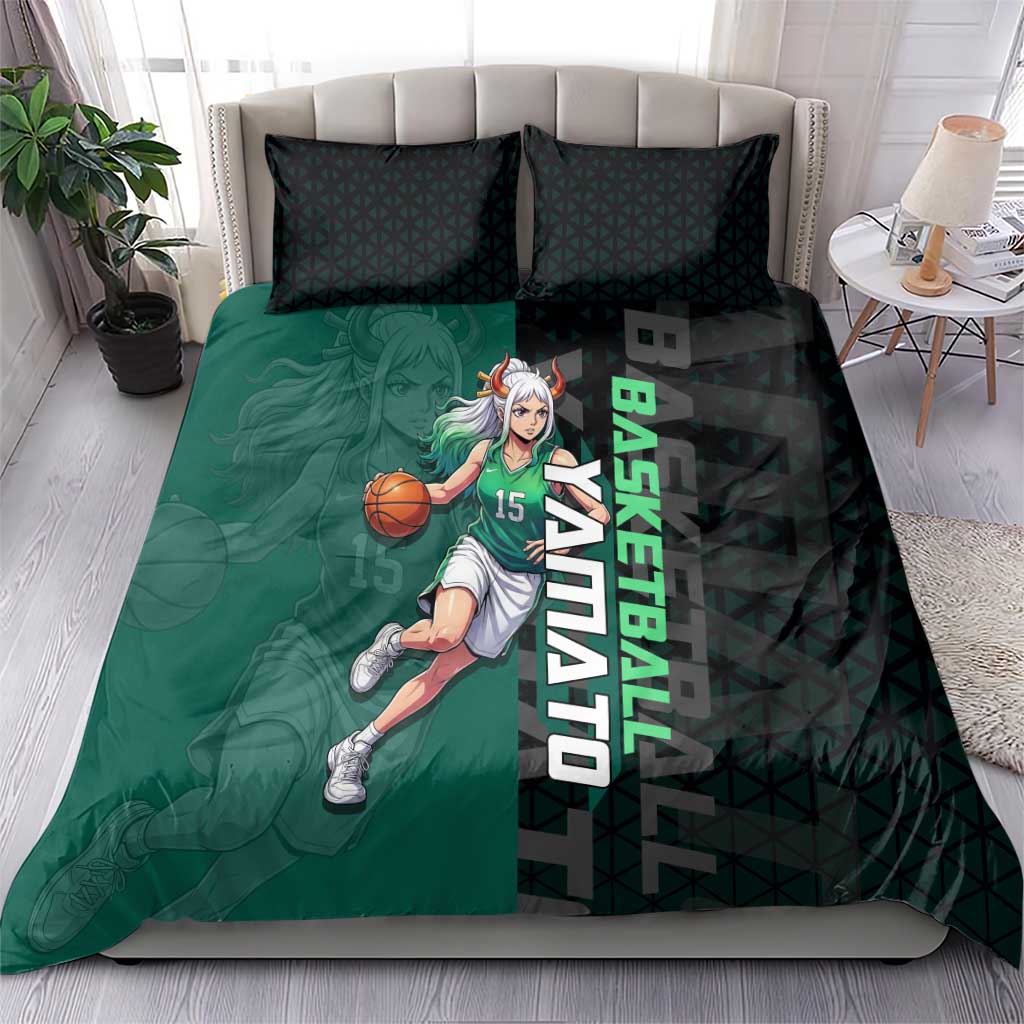 Yamato One Piece Basketball Theme Green and Black Design Bedding Set with Oni Mask Emblem and Dynamic Pose - The Mazicc