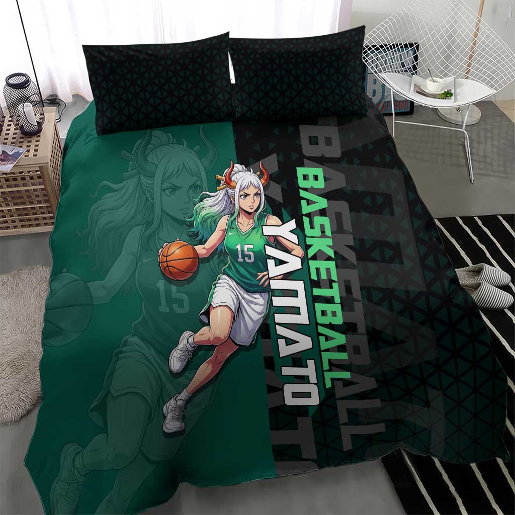 Yamato One Piece Basketball Theme Green and Black Design Bedding Set with Oni Mask Emblem and Dynamic Pose - The Mazicc