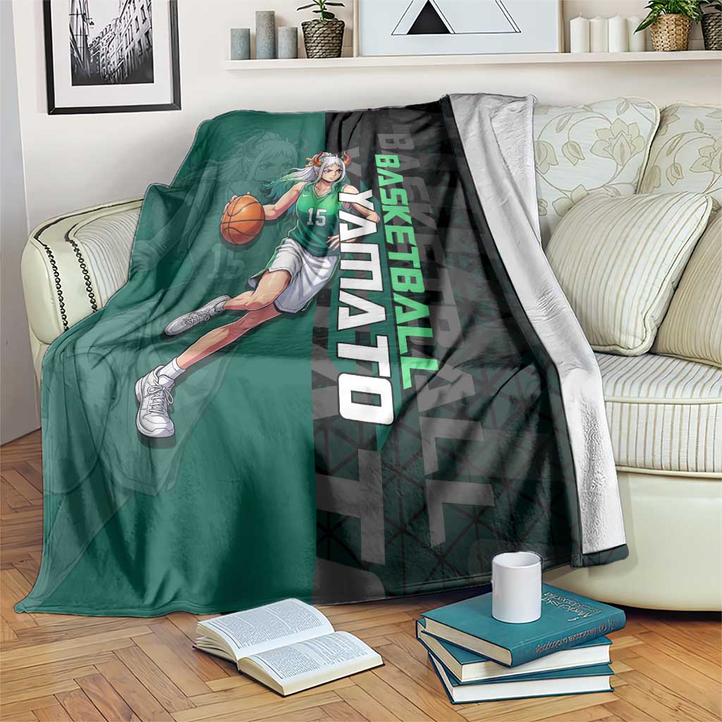 Yamato One Piece Basketball Theme Green and Black Design Blanket with Oni Mask Emblem and Dynamic Pose - The Mazicc