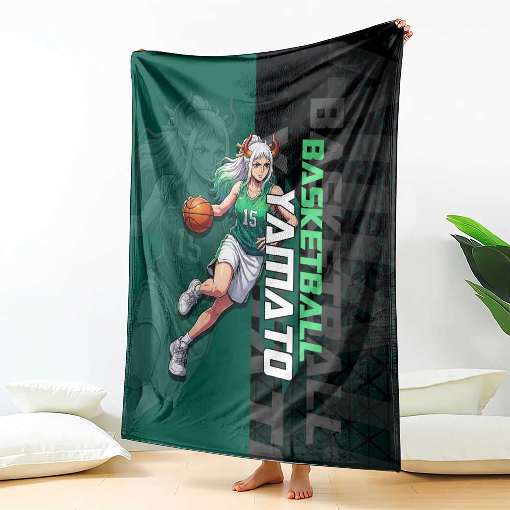 Yamato One Piece Basketball Theme Green and Black Design Blanket with Oni Mask Emblem and Dynamic Pose - The Mazicc