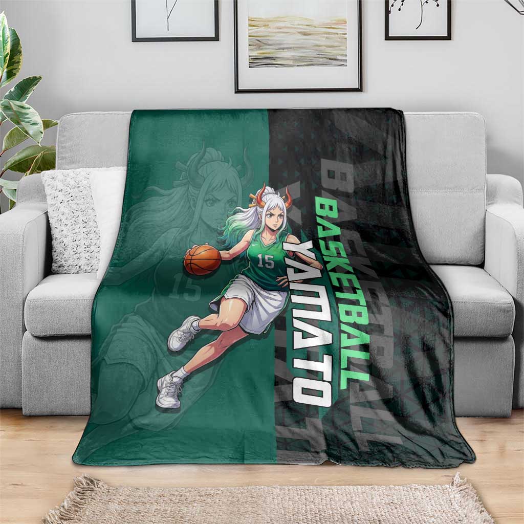 Yamato One Piece Basketball Theme Green and Black Design Blanket with Oni Mask Emblem and Dynamic Pose - The Mazicc