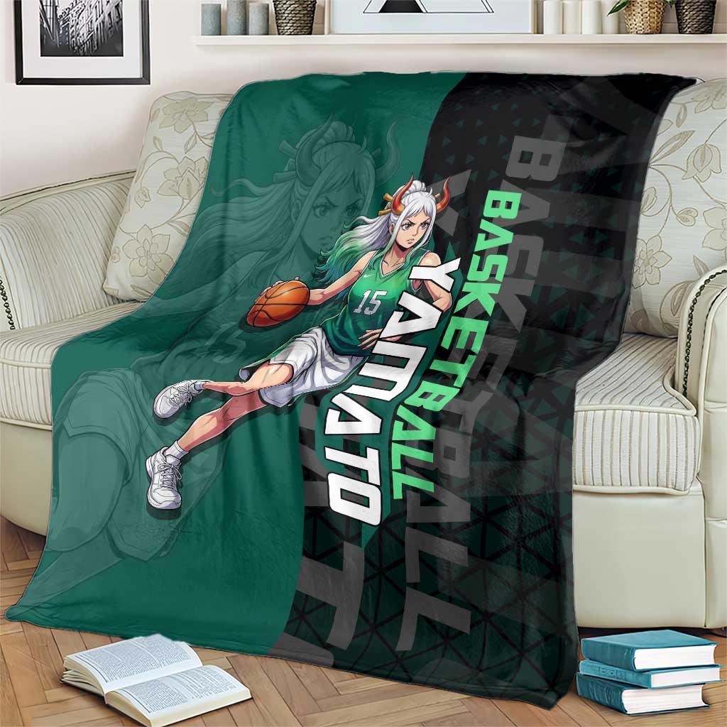 Yamato One Piece Basketball Theme Green and Black Design Blanket with Oni Mask Emblem and Dynamic Pose - The Mazicc