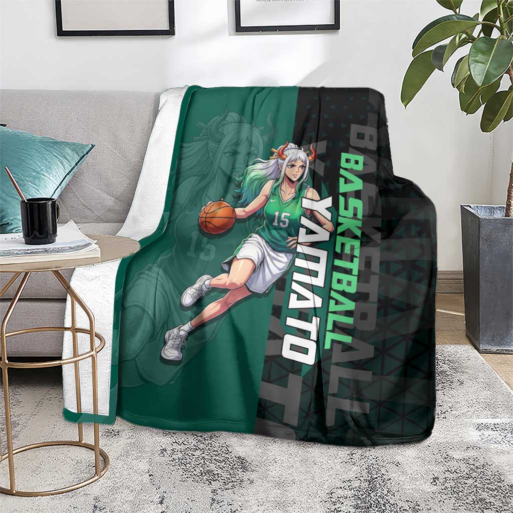 Yamato One Piece Basketball Theme Green and Black Design Blanket with Oni Mask Emblem and Dynamic Pose - The Mazicc