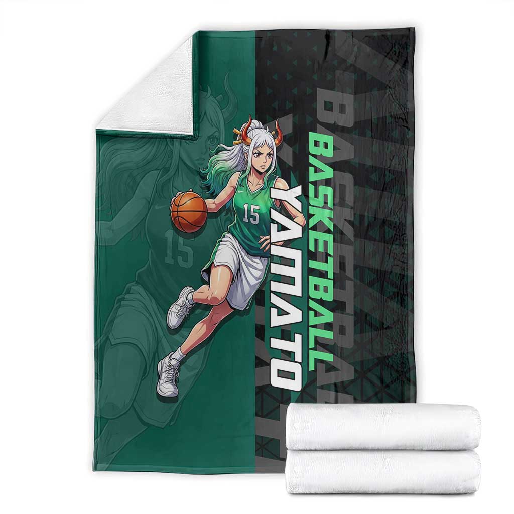 Yamato One Piece Basketball Theme Green and Black Design Blanket with Oni Mask Emblem and Dynamic Pose - The Mazicc
