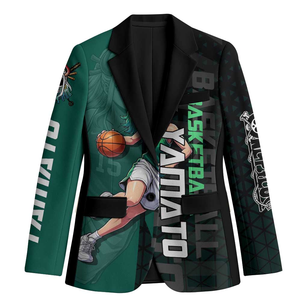 Yamato One Piece Basketball Theme Green and Black Design Blazer with Oni Mask Emblem and Dynamic Pose - The Mazicc
