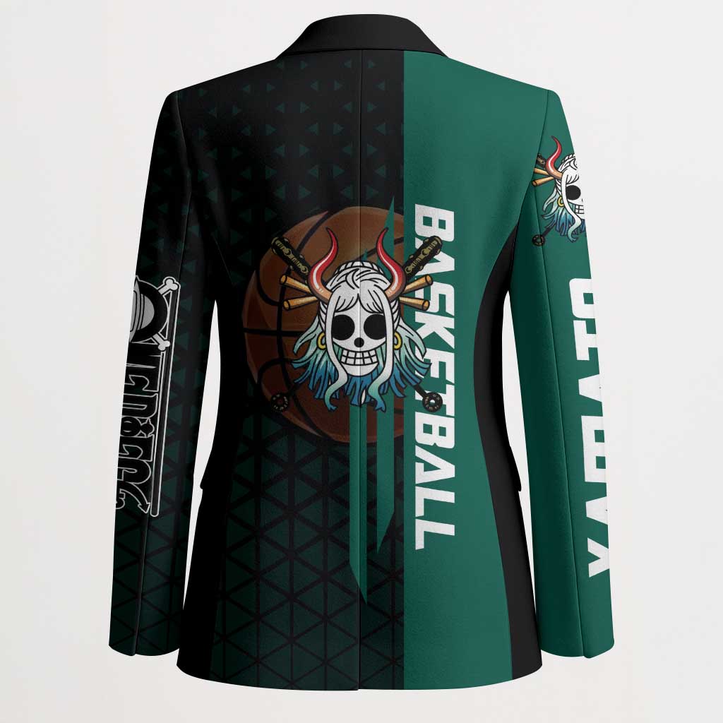 Yamato One Piece Basketball Theme Green and Black Design Blazer with Oni Mask Emblem and Dynamic Pose - The Mazicc