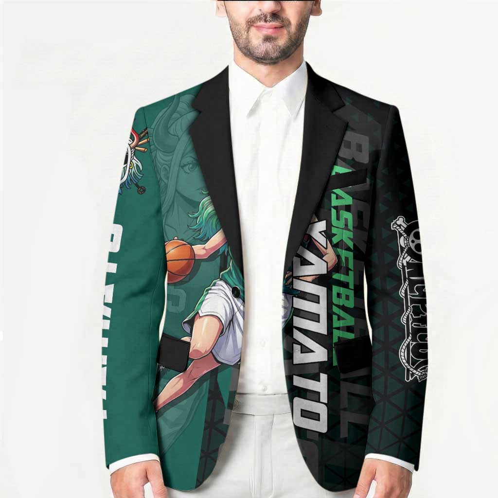 Yamato One Piece Basketball Theme Green and Black Design Blazer with Oni Mask Emblem and Dynamic Pose - The Mazicc