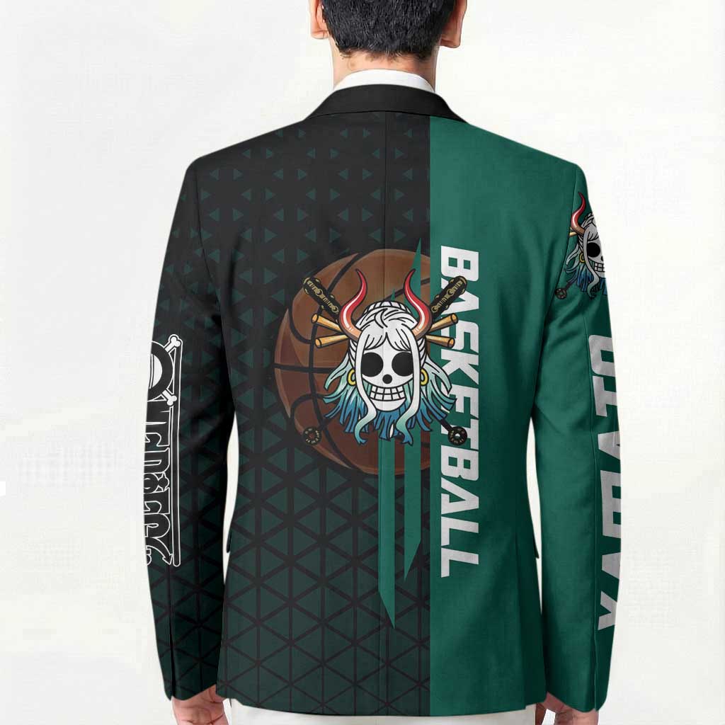 Yamato One Piece Basketball Theme Green and Black Design Blazer with Oni Mask Emblem and Dynamic Pose - The Mazicc