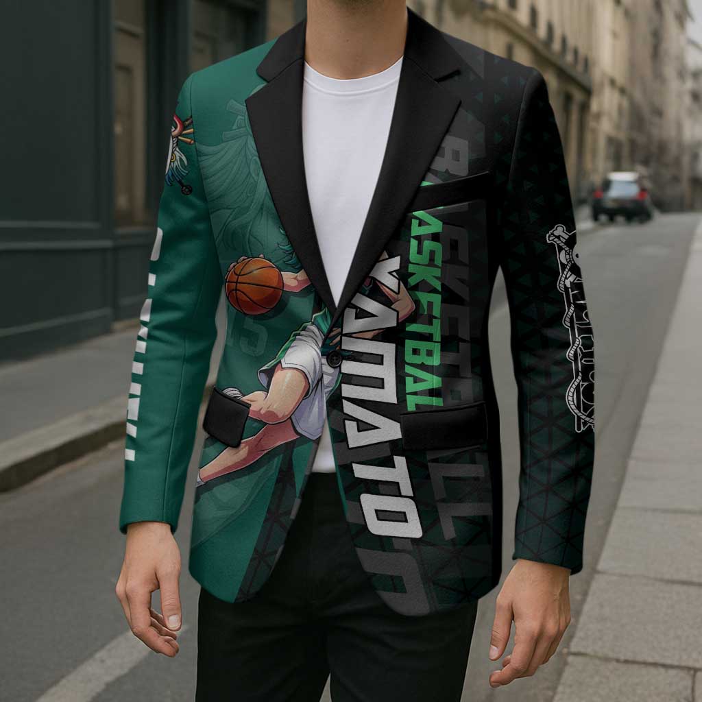 Yamato One Piece Basketball Theme Green and Black Design Blazer with Oni Mask Emblem and Dynamic Pose - The Mazicc