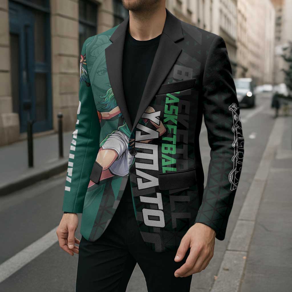 Yamato One Piece Basketball Theme Green and Black Design Blazer with Oni Mask Emblem and Dynamic Pose - The Mazicc