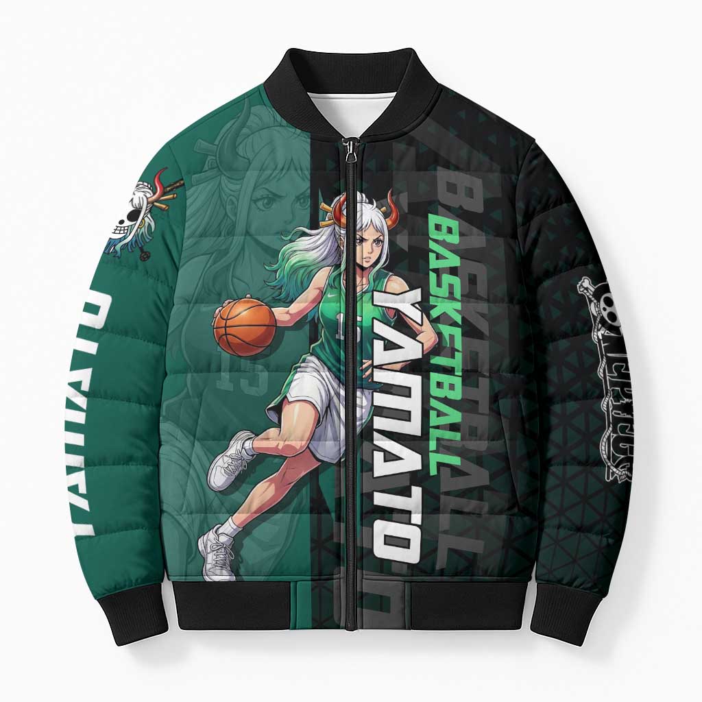 Yamato One Piece Basketball Theme Green and Black Design Bomber Puffer Jacket with Oni Mask Emblem and Dynamic Pose - The Mazicc