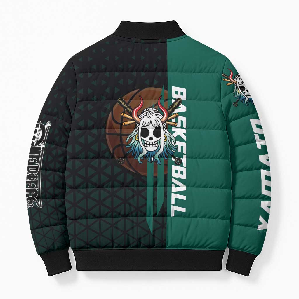 Yamato One Piece Basketball Theme Green and Black Design Bomber Puffer Jacket with Oni Mask Emblem and Dynamic Pose - The Mazicc