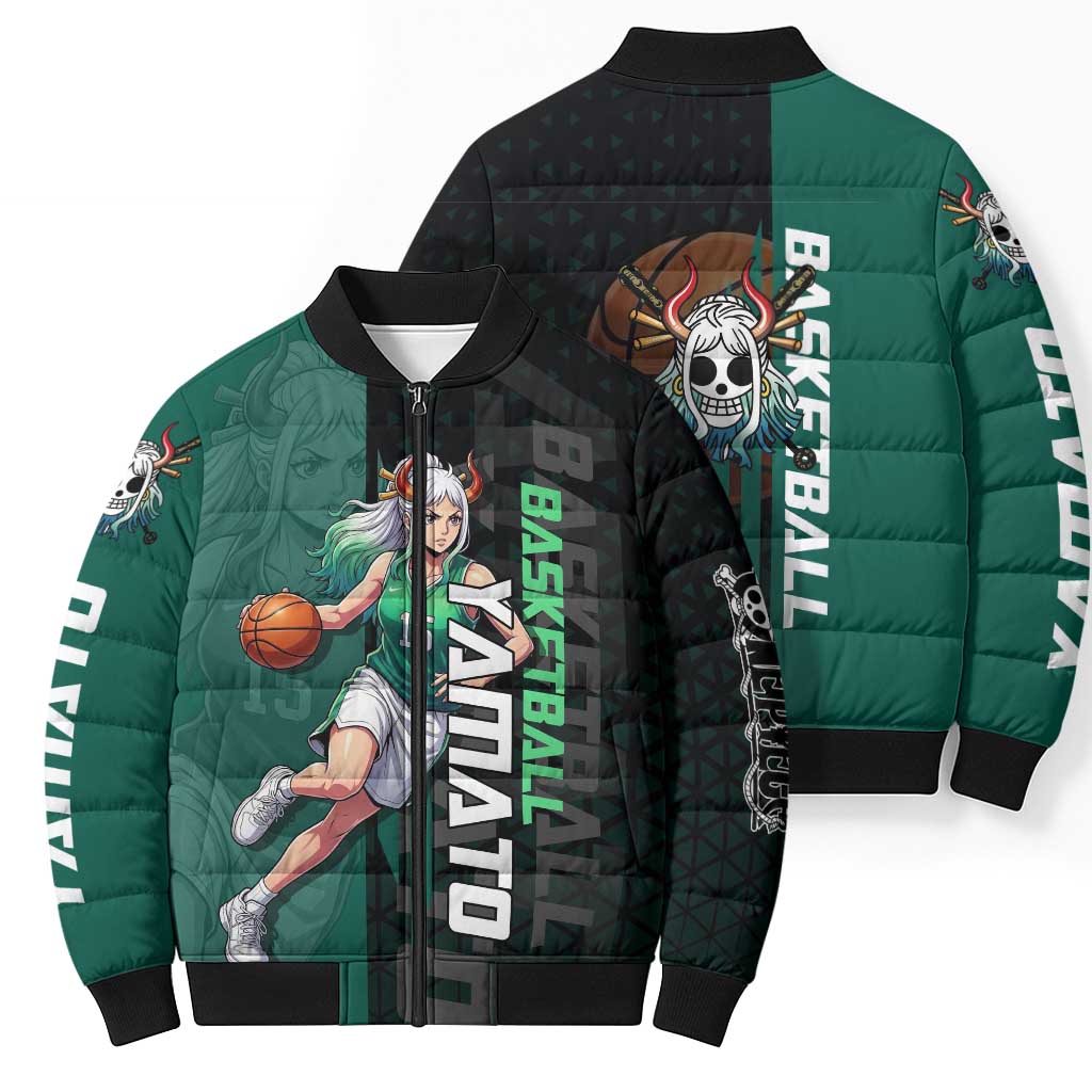 Yamato One Piece Basketball Theme Green and Black Design Bomber Puffer Jacket with Oni Mask Emblem and Dynamic Pose - The Mazicc