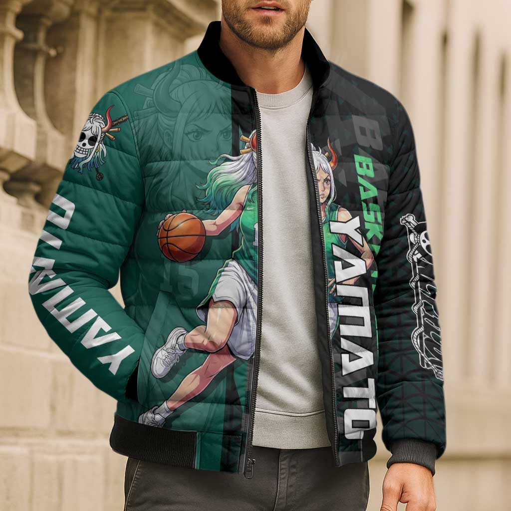 Yamato One Piece Basketball Theme Green and Black Design Bomber Puffer Jacket with Oni Mask Emblem and Dynamic Pose - The Mazicc