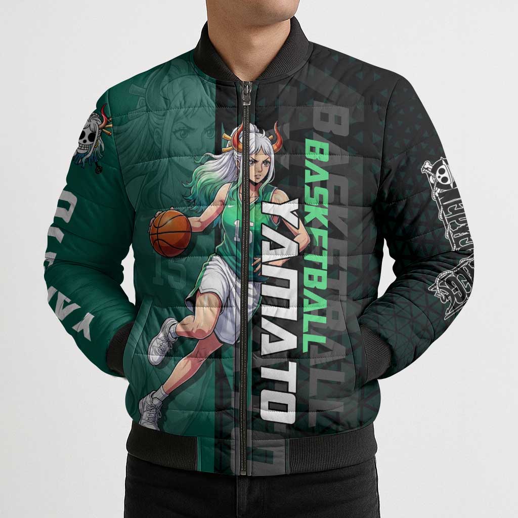 Yamato One Piece Basketball Theme Green and Black Design Bomber Puffer Jacket with Oni Mask Emblem and Dynamic Pose - The Mazicc