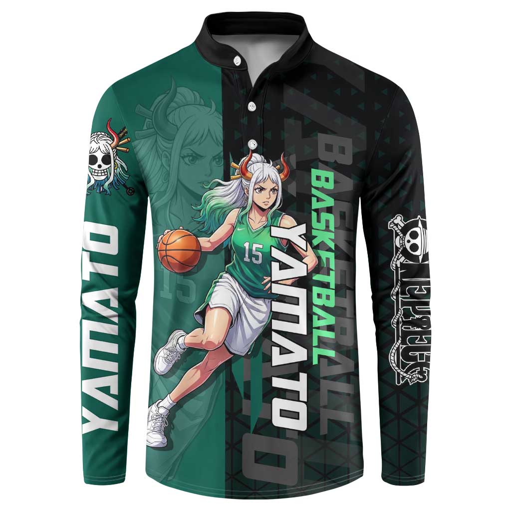 Yamato One Piece Basketball Theme Green and Black Design Button Sweatshirt with Oni Mask Emblem and Dynamic Pose - The Mazicc