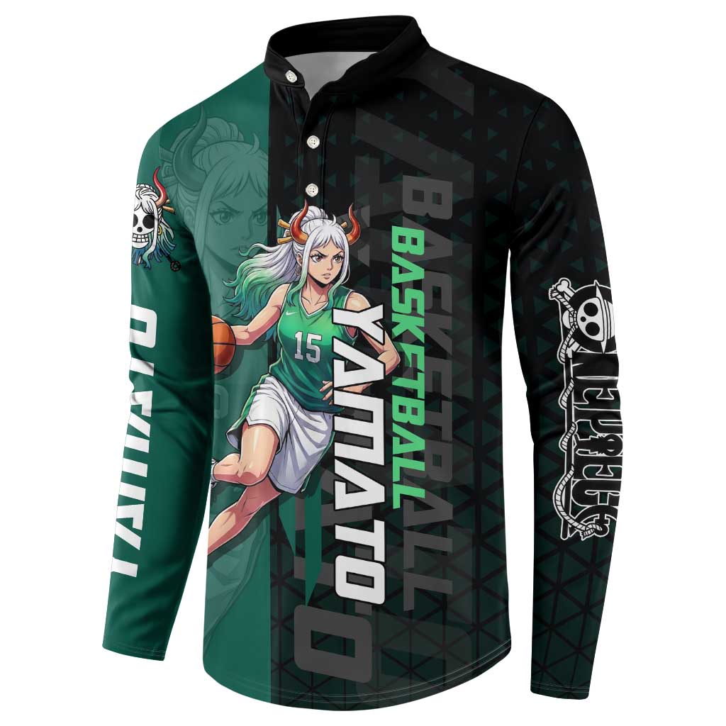 Yamato One Piece Basketball Theme Green and Black Design Button Sweatshirt with Oni Mask Emblem and Dynamic Pose - The Mazicc