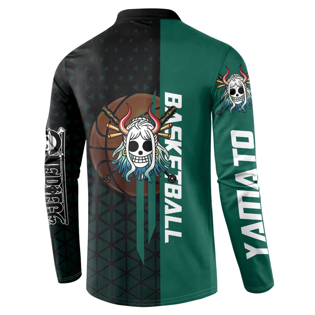 Yamato One Piece Basketball Theme Green and Black Design Button Sweatshirt with Oni Mask Emblem and Dynamic Pose - The Mazicc