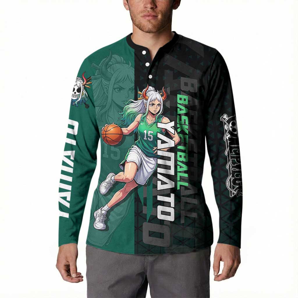 Yamato One Piece Basketball Theme Green and Black Design Button Sweatshirt with Oni Mask Emblem and Dynamic Pose - The Mazicc
