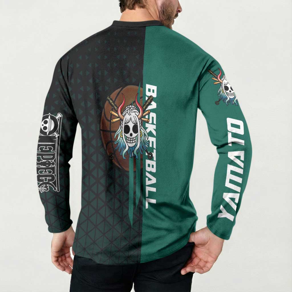 Yamato One Piece Basketball Theme Green and Black Design Button Sweatshirt with Oni Mask Emblem and Dynamic Pose - The Mazicc